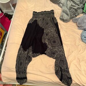 Boho Black Harem Pants with Intricate White Paisley Print